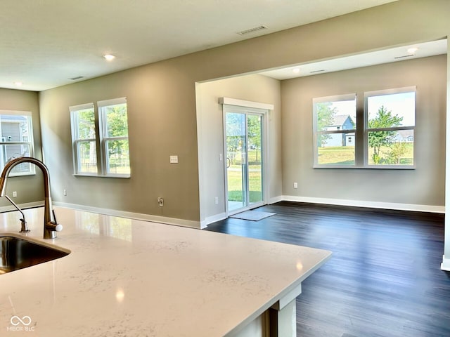 kitchen with a wealth of natural light, light stone counters, dark hardwood / wood-style floors, and sink