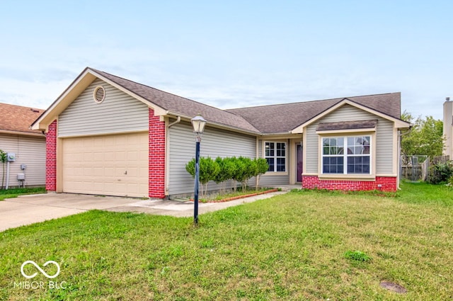 ranch-style home featuring a front lawn and a garage