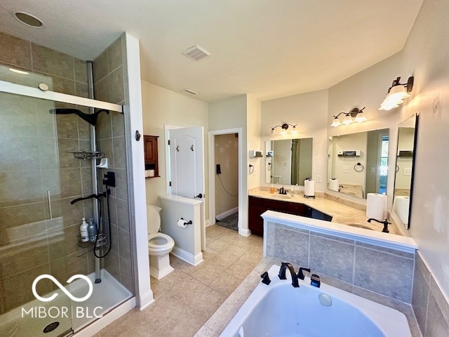 full bathroom with vanity, toilet, independent shower and bath, and tile patterned floors