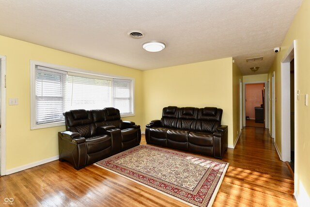 living room with a textured ceiling and hardwood / wood-style flooring