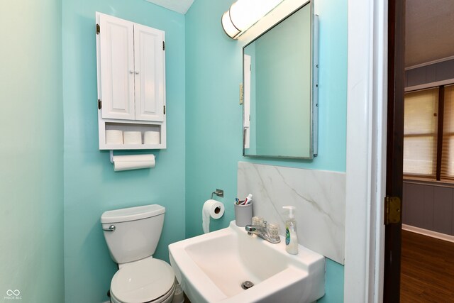 bathroom featuring toilet, sink, and wood-type flooring