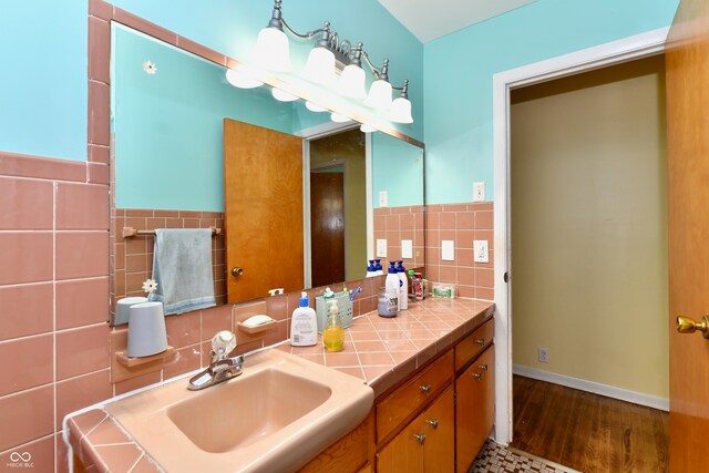 bathroom featuring vanity, hardwood / wood-style flooring, and tasteful backsplash