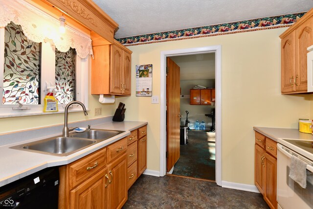 kitchen with a textured ceiling, dishwasher, sink, and white electric range