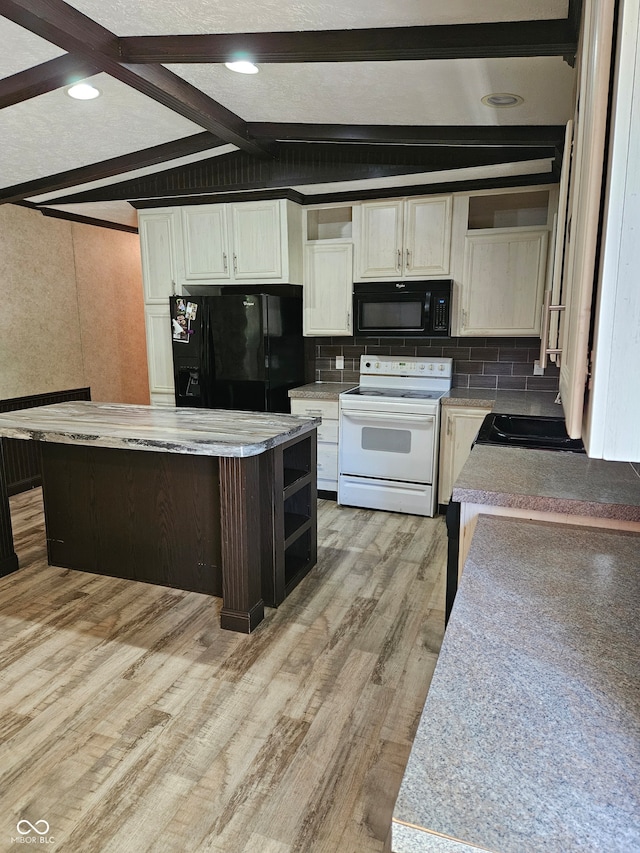 kitchen featuring light wood-type flooring, black appliances, a kitchen island, and vaulted ceiling with beams