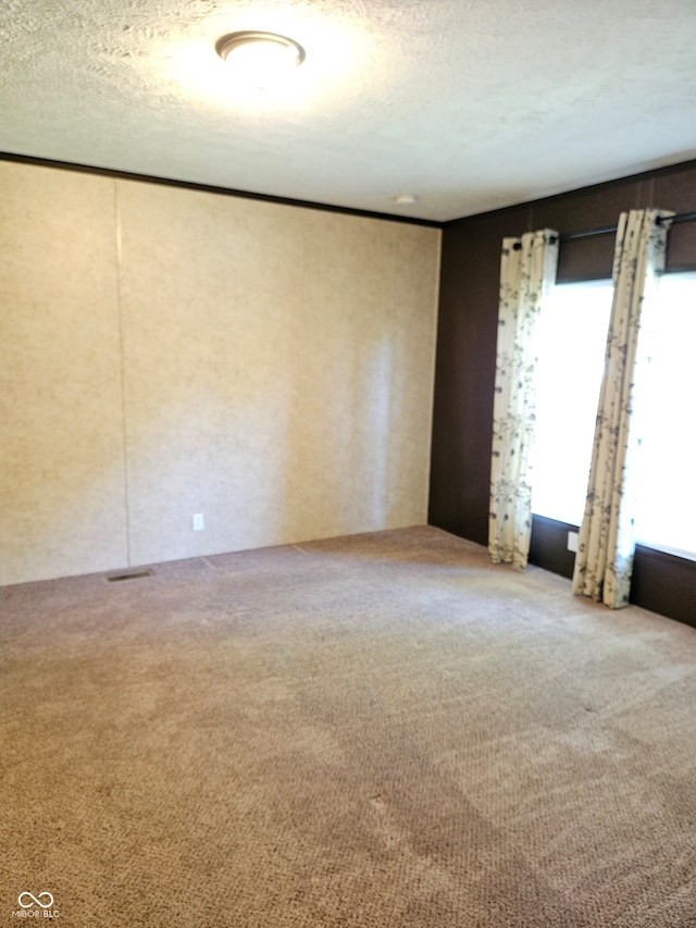 unfurnished room with a textured ceiling and carpet flooring