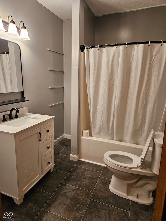 full bathroom with vanity, toilet, shower / tub combo, and tile patterned floors