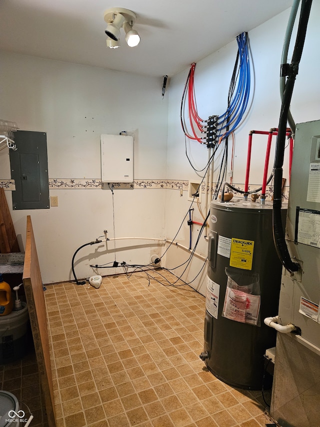 utility room with electric panel, heating unit, and water heater