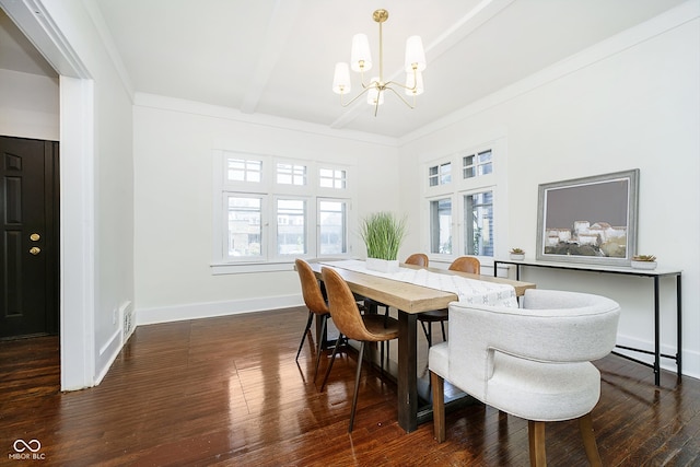 dining space with ornamental molding, dark hardwood / wood-style floors, and a notable chandelier