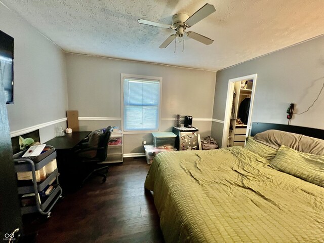 bedroom with a walk in closet, a textured ceiling, ceiling fan, dark wood-type flooring, and a closet