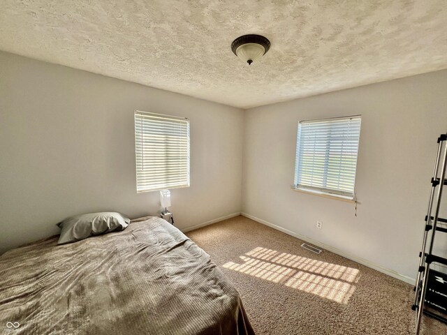 carpeted bedroom featuring a textured ceiling and multiple windows