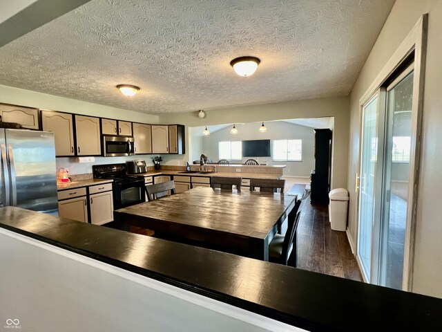 kitchen featuring a textured ceiling, dark hardwood / wood-style flooring, black electric range oven, and sink