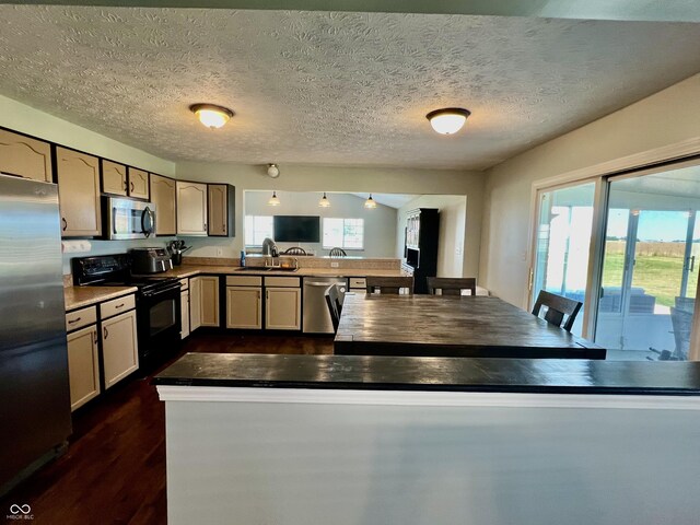 kitchen featuring sink, dark hardwood / wood-style floors, a textured ceiling, kitchen peninsula, and stainless steel appliances