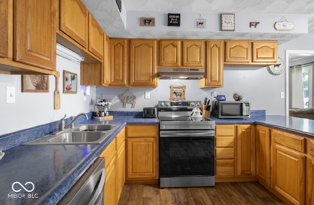 kitchen with dark wood-type flooring, stainless steel appliances, and sink