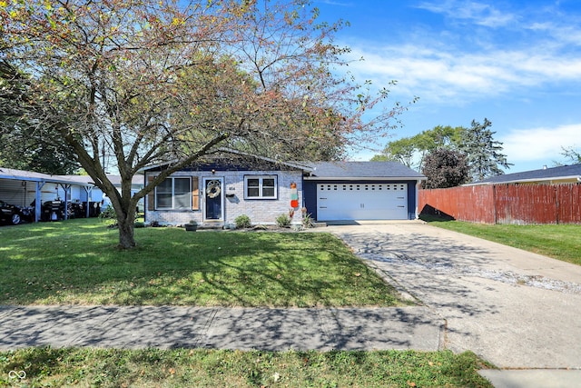 ranch-style home featuring a garage and a front lawn