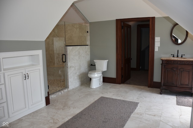 bathroom featuring walk in shower, vanity, lofted ceiling, and toilet