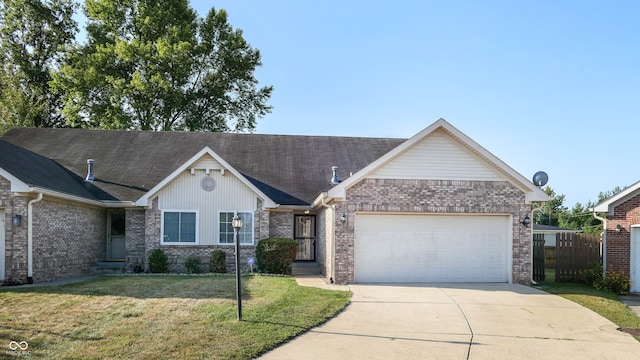 ranch-style house with a front yard and a garage