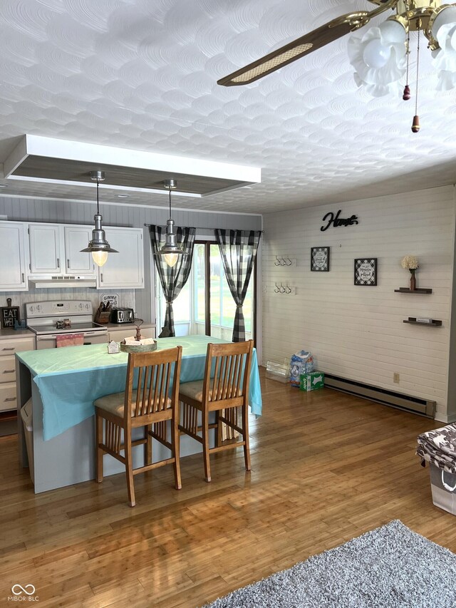 dining room with a textured ceiling, hardwood / wood-style flooring, a baseboard radiator, and a notable chandelier