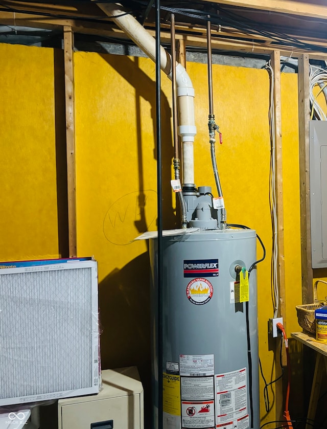 utility room with gas water heater and electric panel