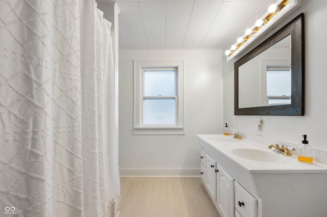 bathroom with wood-type flooring and vanity