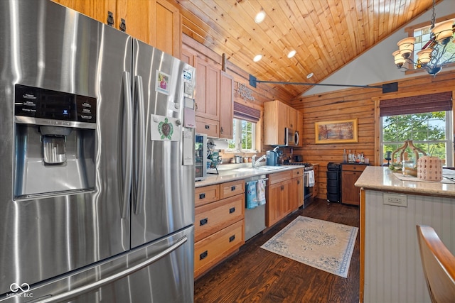 kitchen with wood ceiling, wood walls, lofted ceiling, appliances with stainless steel finishes, and dark hardwood / wood-style flooring