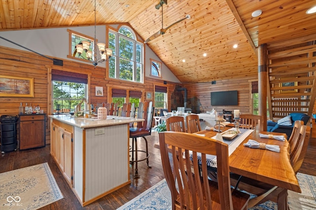 dining room featuring wood ceiling, high vaulted ceiling, wood walls, dark hardwood / wood-style flooring, and a notable chandelier