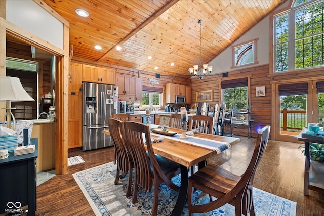 dining space with wood ceiling, dark hardwood / wood-style floors, an inviting chandelier, high vaulted ceiling, and wooden walls