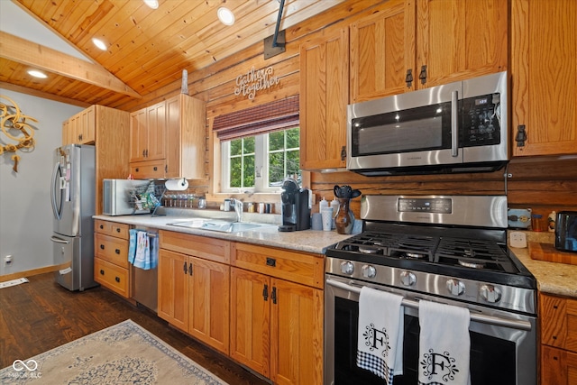 kitchen featuring wood ceiling, dark wood-type flooring, stainless steel appliances, lofted ceiling, and sink