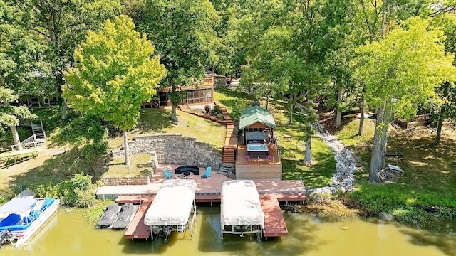 drone / aerial view with a water view