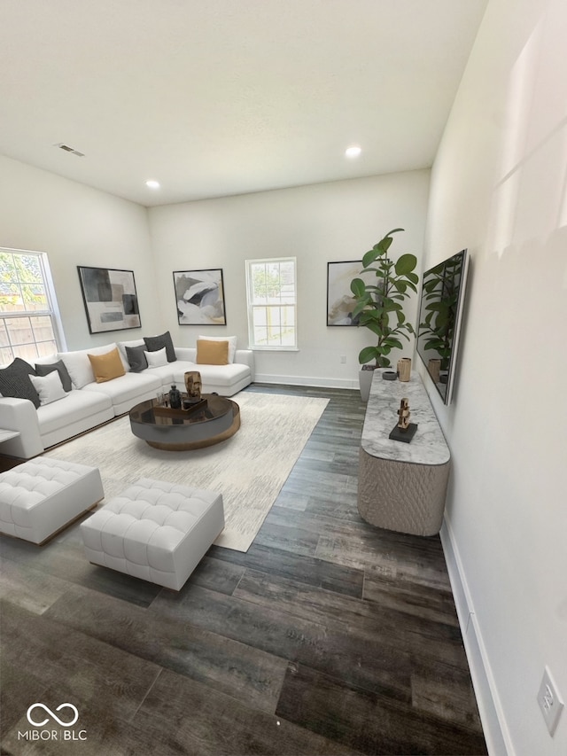 living room with a healthy amount of sunlight and dark hardwood / wood-style floors