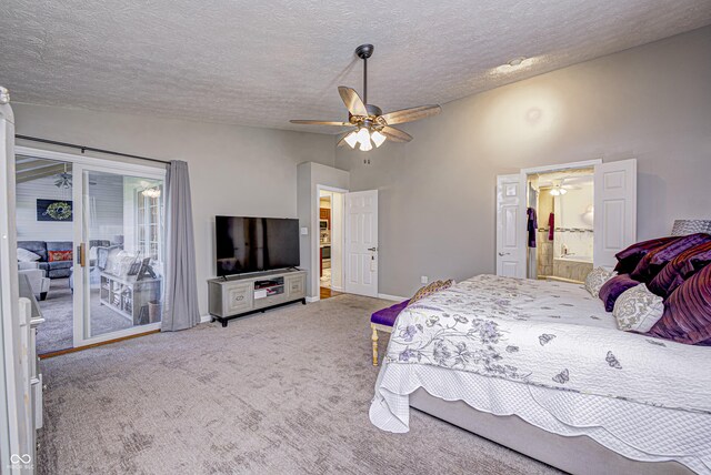 carpeted bedroom with lofted ceiling, ceiling fan, access to outside, and a textured ceiling