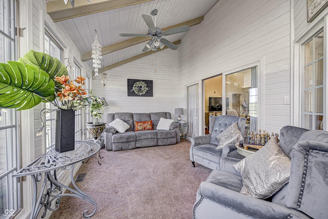 carpeted living room featuring ceiling fan, wooden ceiling, high vaulted ceiling, and beam ceiling