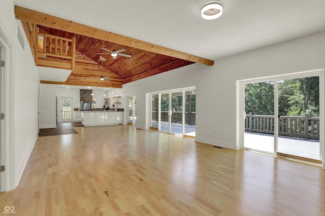 unfurnished living room with plenty of natural light, light hardwood / wood-style flooring, beam ceiling, and ceiling fan