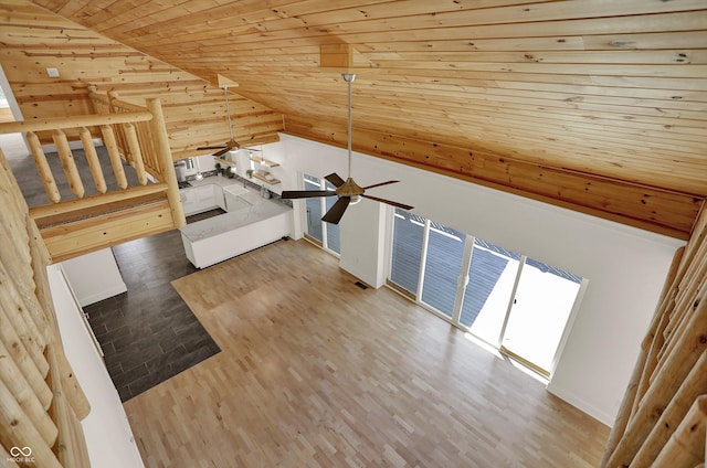 unfurnished living room featuring ceiling fan, light wood-type flooring, high vaulted ceiling, and wooden ceiling