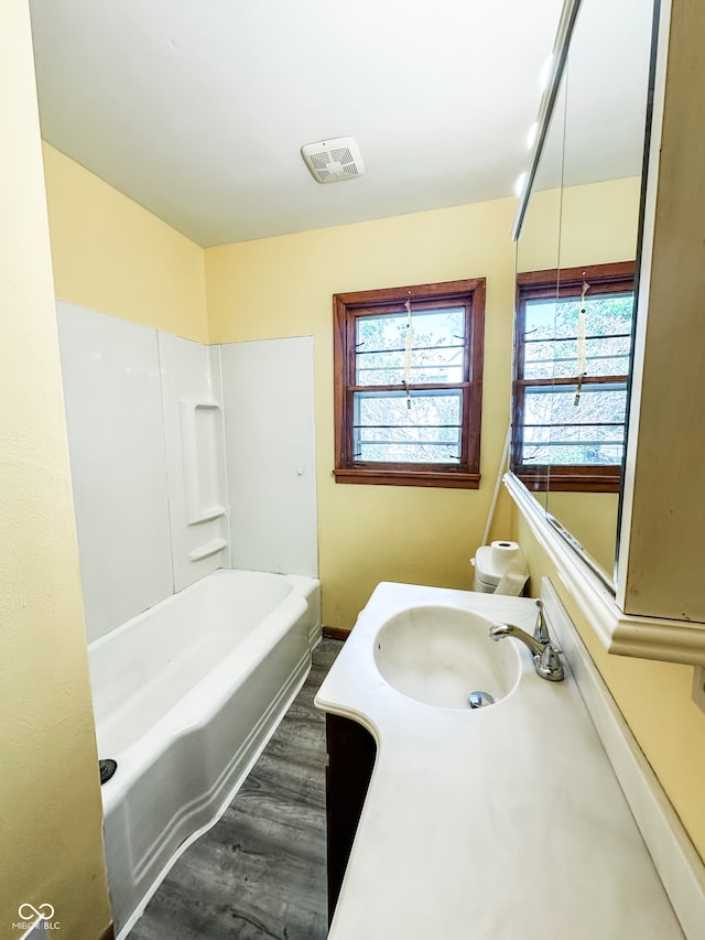 bathroom with vanity, toilet, and wood-type flooring