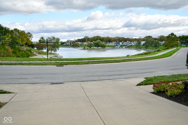 view of street with a water view