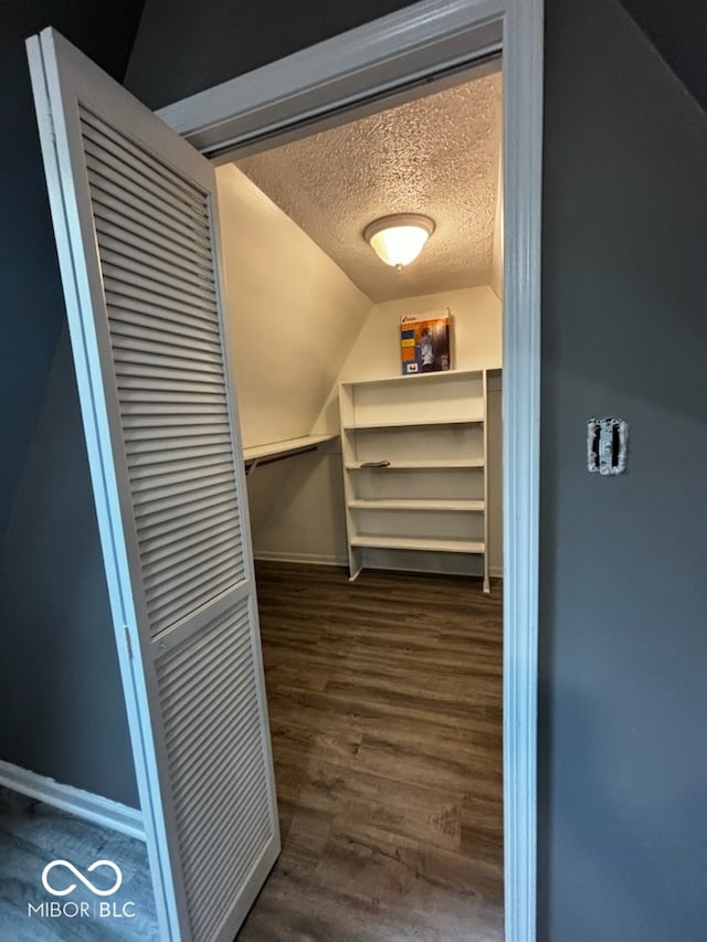 spacious closet featuring dark wood-type flooring and lofted ceiling