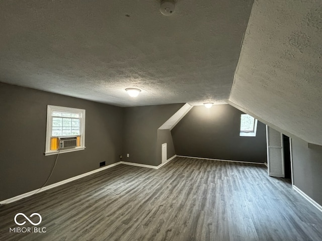 bonus room featuring hardwood / wood-style floors, vaulted ceiling, a textured ceiling, and a healthy amount of sunlight