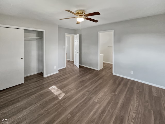 unfurnished bedroom with a closet, ceiling fan, and dark hardwood / wood-style flooring