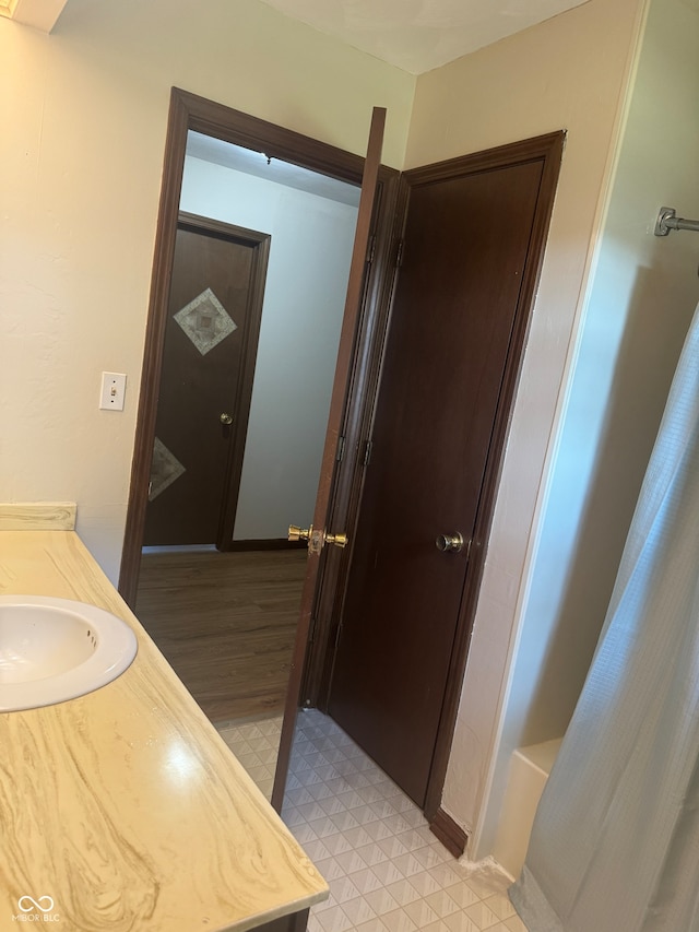 bathroom featuring wood-type flooring and vanity