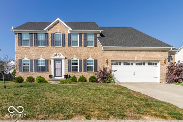 colonial-style house with a front lawn and a garage