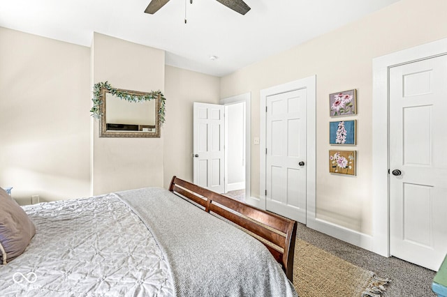 bedroom featuring baseboards, carpet, and ceiling fan