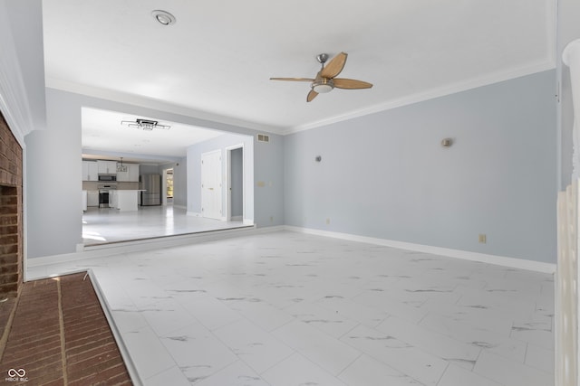 unfurnished living room featuring ornamental molding and ceiling fan