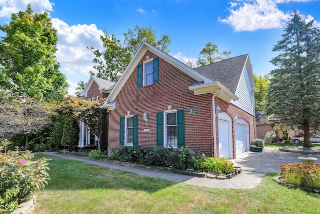 view of property exterior with a garage and a yard