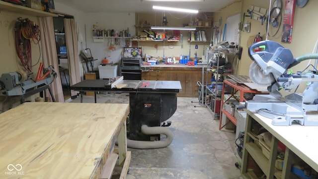 114 N Grant Ave, Crawfordsville, IN 47933 - interior space with wooden counters, unfinished concrete floors, open shelves, and brown cabinetry