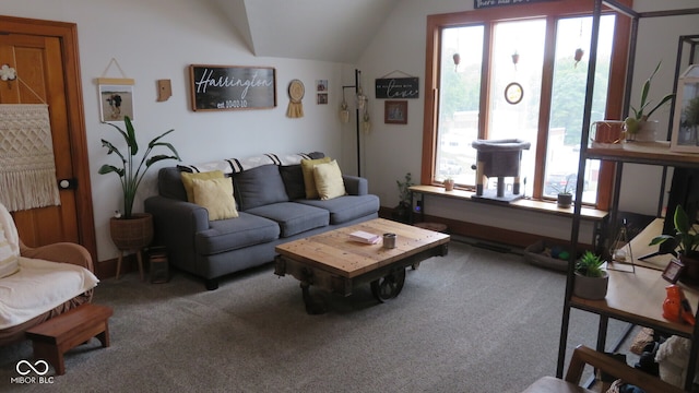 carpeted living room with lofted ceiling and plenty of natural light