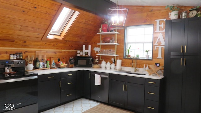 114 N Grant Ave, Crawfordsville, IN 47933 - kitchen with dishwashing machine, wood walls, a sink, and stainless steel electric range oven
