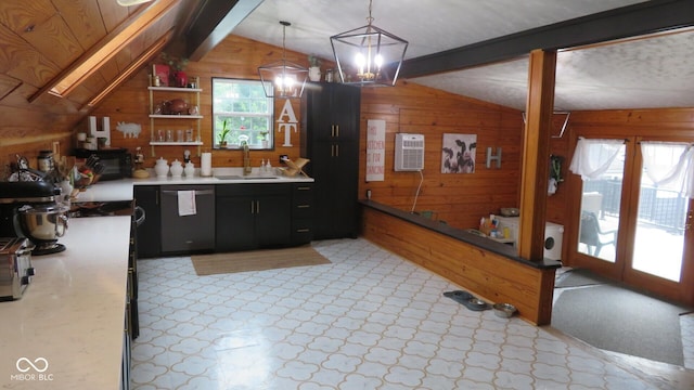 114 N Grant Ave, Crawfordsville, IN 47933 - kitchen featuring dishwashing machine, wooden walls, a sink, and lofted ceiling with beams