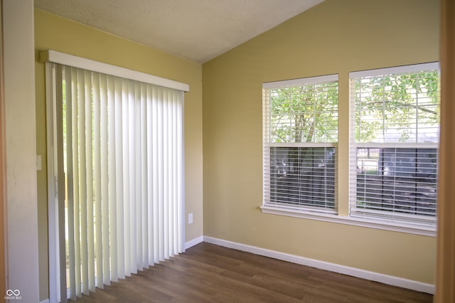 empty room featuring a textured ceiling, dark hardwood / wood-style floors, and vaulted ceiling