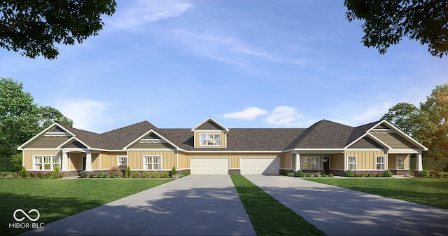 craftsman inspired home featuring a front yard and a garage