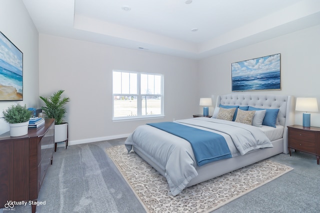 carpeted bedroom featuring a raised ceiling